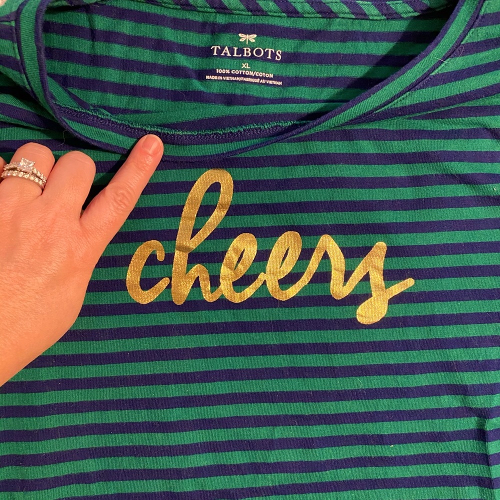 Talbots XL Striped Long Sleeve Shirt – “Cheers” Metallic Graphic Tee